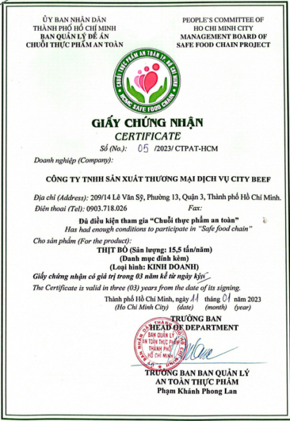 Giấy chứng nhận chuỗi thực phẩm an toàn